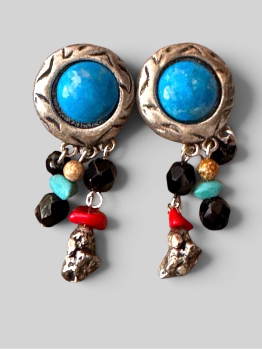 Vintage Signed Chico's Southwestern Turquoise Multi-Bead Clip-On Earrings